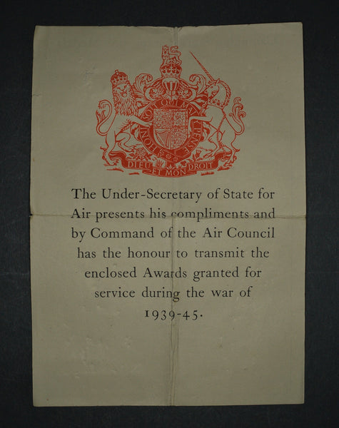 WW2 medal transmittal slip. Air council.