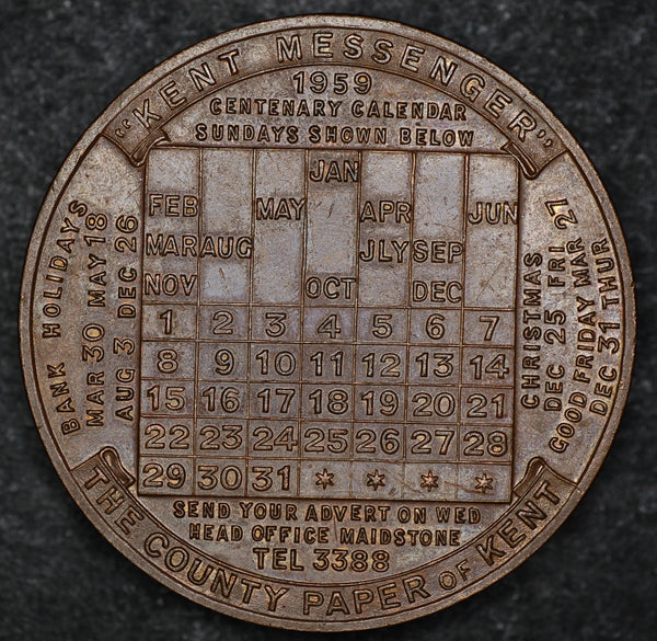 Kent messenger advertising calendar medallion. 1959