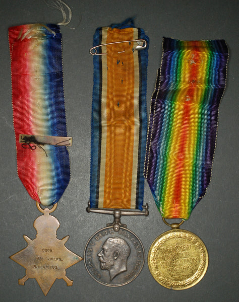 WW1 1914 star and bar trio. Wilks. Royal Inniskilling Fusiliers. KIA Battle of Festubert