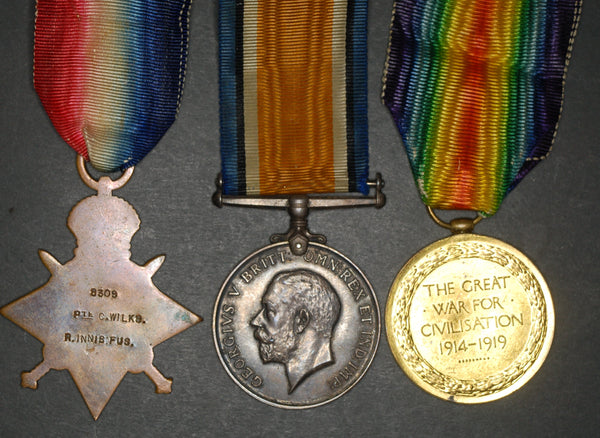 WW1 1914 star and bar trio. Wilks. Royal Inniskilling Fusiliers. KIA Battle of Festubert
