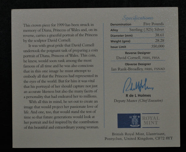 Royal Mint. Silver proof 5 pounds. 1999. Diana.
