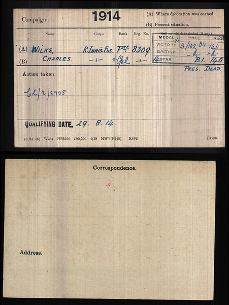 WW1 1914 star and bar trio. Wilks. Royal Inniskilling Fusiliers. KIA Battle of Festubert