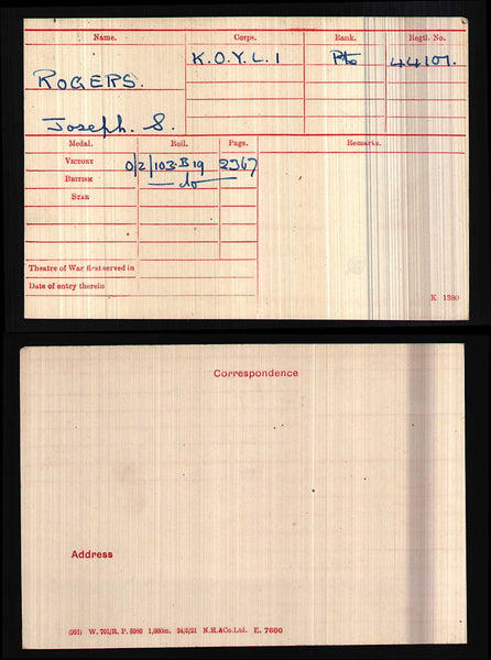 WW1. BWM & Victory pair. Rogers. Yorkshire Light Infantry. KIA