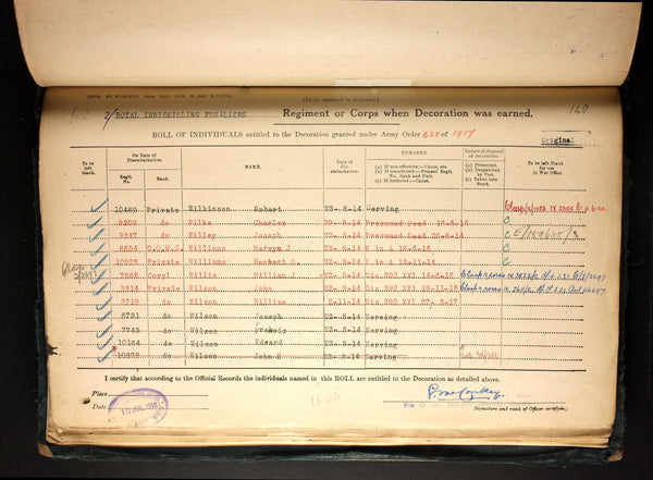 WW1 1914 star and bar trio. Wilks. Royal Inniskilling Fusiliers. KIA Battle of Festubert